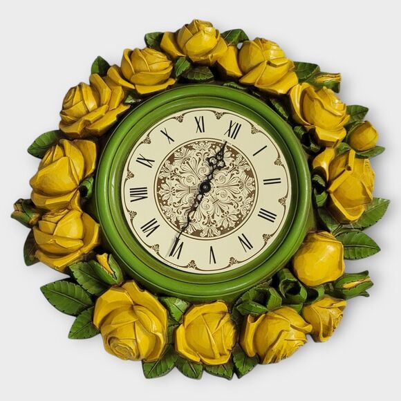 Syroco Homco Yellow Green Rose Floral Large Decorative Wall Clock "Not Working" - Picture 3 of 14